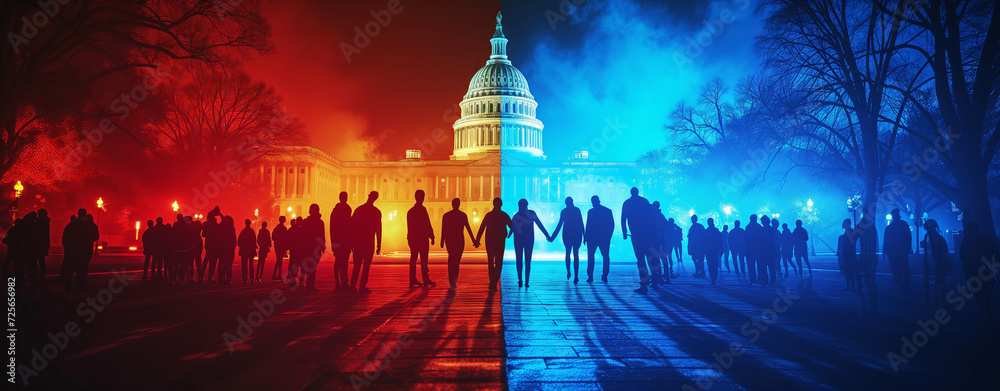 Bipartisan Divide: US Capitol in Dual Light. The US Capitol illuminated in contrasting red and blue hues with silhouetted figures representing political division.